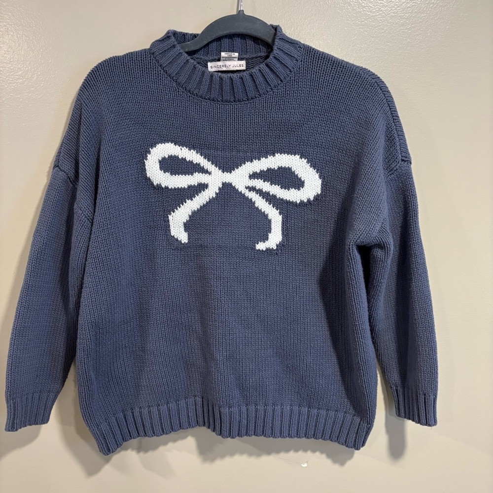 Sincerely Jules Blue and White Crew Neck Sweater with Bow Design
